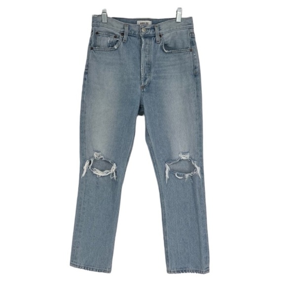 Agolde Denim - AGOLDE Riley High Rise Straight Crop Light Wash Distressed Denim Jeans 27
